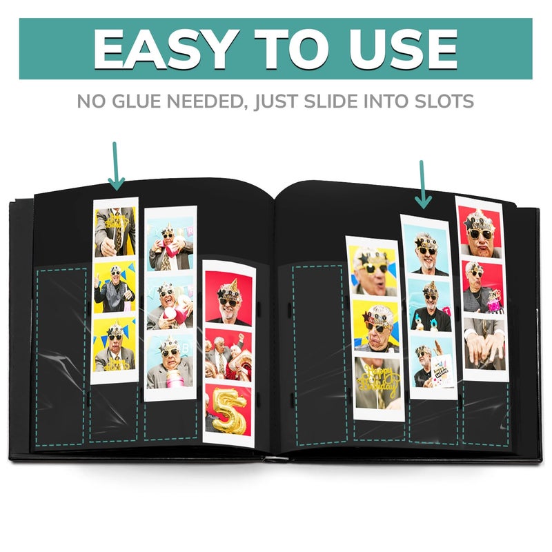 pbf PHOTO BOOTH FRAMES PBF (1 Pack) Photo Booth Album, Guest Book with 2x6 Clear Picture Inserts, Black Cover with Plastic Sleeves & Black Pages, Scrapbook Album for Photo Strips, Memory Book, Wedding, and Baby Showers - Image 5